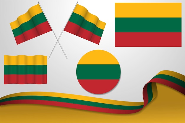 Set Of Lithuania Flags In Different Designs Icon Flaying Flags With ribbon With Background