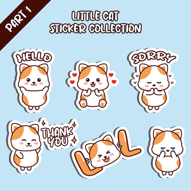 Set of little cat sticker collection hello love sorry thank you LOL cry emoticon Kawaii character