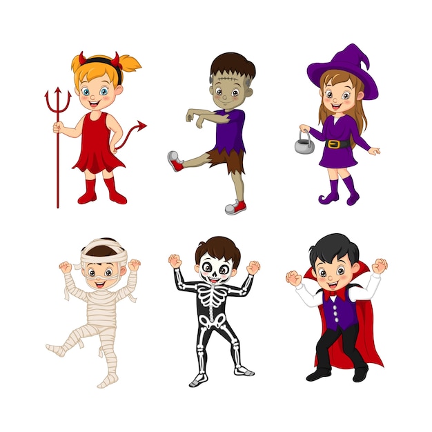 Set of little kids in halloween costumes