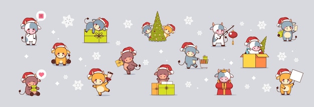 set little oxes in santa hats happy new year   greeting  cute cows mascot cartoon characters collection full length   illustration