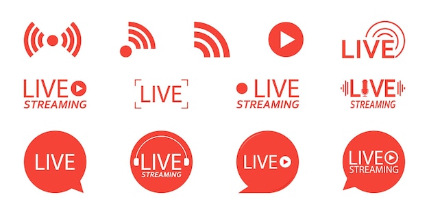 Set of live streaming icons Red symbols and buttons of live streaming broadcasting online stream third template for tv shows movies and live performances Vector illustration