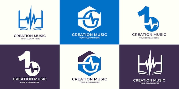 Set of logo combination of book frequency abstract letter g music tone