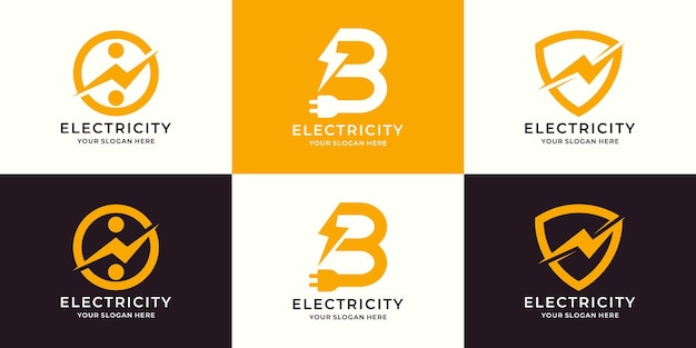 Set of logo combination of electrical plug letter b thunderbolt shield