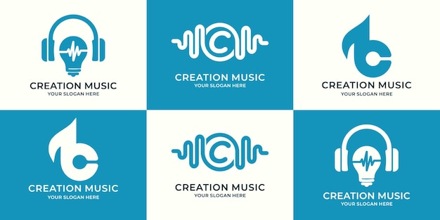 Set of logo combination of headphone bulb music pulse letter c frequency abstract tone