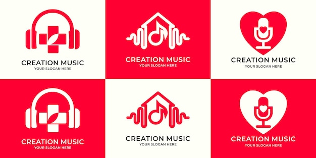 Set of logo combination of headphone cross music tone house frequency podcast love