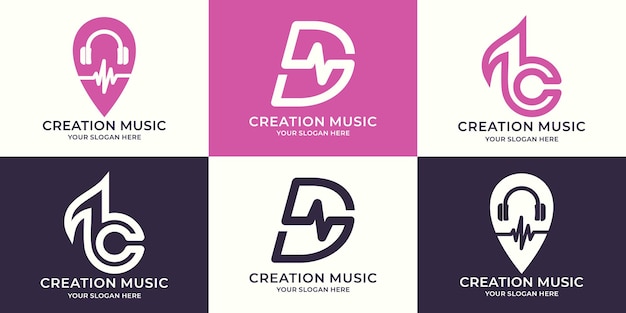 Set of logo combination of headphone music frequency letter d tone abstract