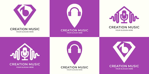 Set of logo combination of tone music headphone location podcast house pulse