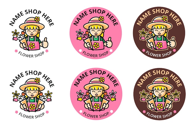 Set logo of flower shop with cartoon girl mascot