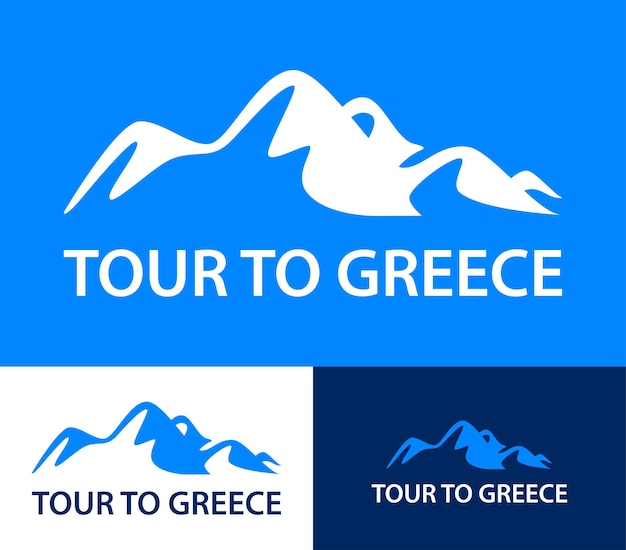 Set of logo templates for a tours to Greece Colorful vector illustration in blue color with mountains