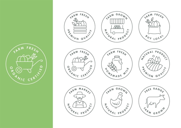 set of logos, badges and icons for natural farm and health products.