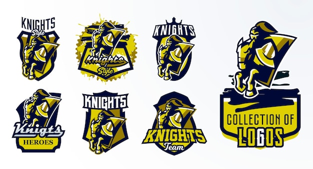 A set of logos emblems stickers badges of a knight galloping on a horse Warrior in iron armor swordsman crusader hero mascot stallion shield Tshirt printing vector illustration