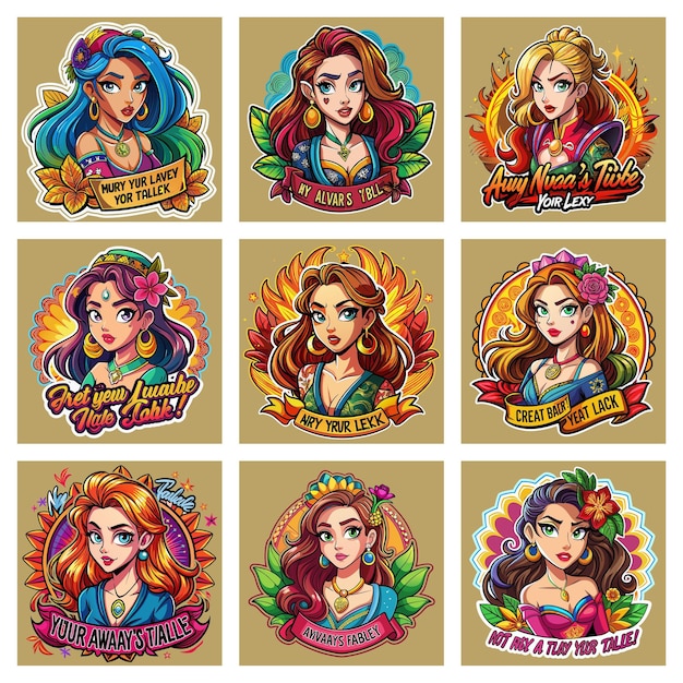 a set of logos for a girl with a colorful hair style