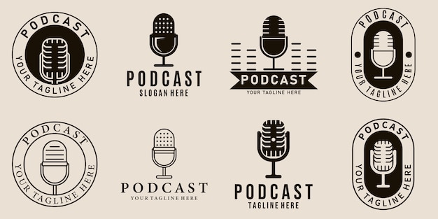 Set of logos for podcasts on a beige background.