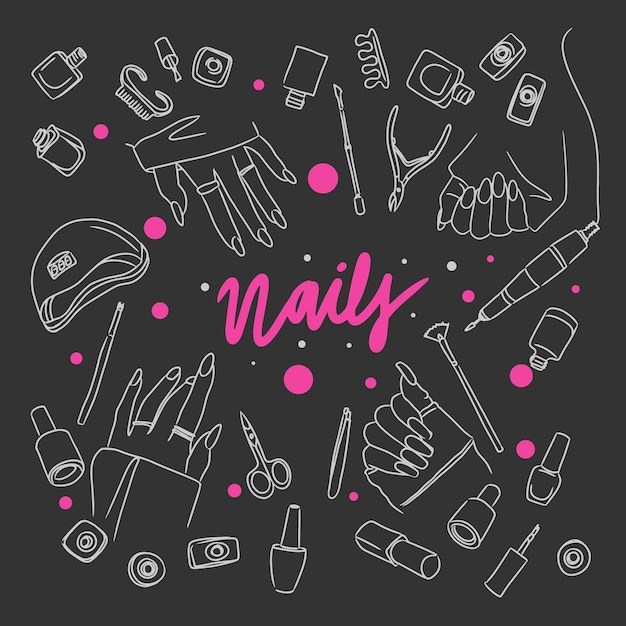 Set of long nails with manicure and pedicure tools accessories doodle dark background