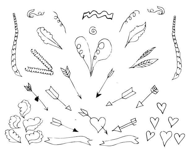 set of love doodle elements with arrows and hearts, other floral elements. Vector illustration in a hand drawn style