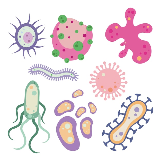 Vector set of lovely microbes from different form and types on white background vector illustration of cute and beautiful bacteria germs and viruses in cartoon style