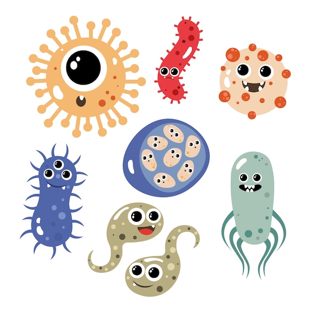 Vector set of lovely microbes from different form on white background vector illustration of cute and beautiful character microbes in cartoon style