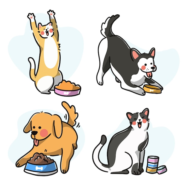 Set Of Lovely Pet Eating Premium Vector Doodle Illustration