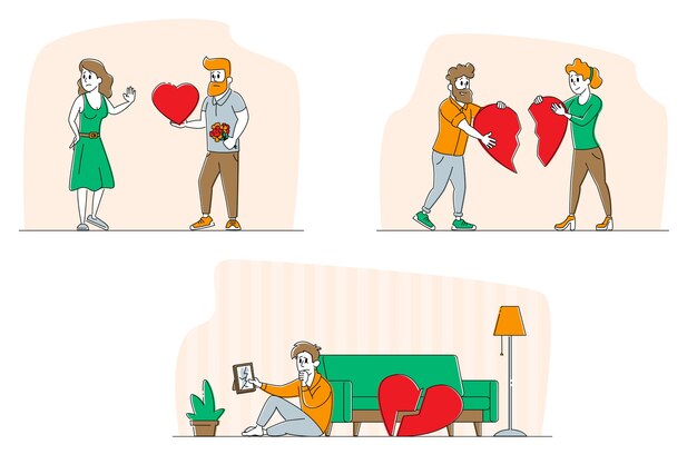 Vector set lovers in end of loving relations concept men and women with broken heart