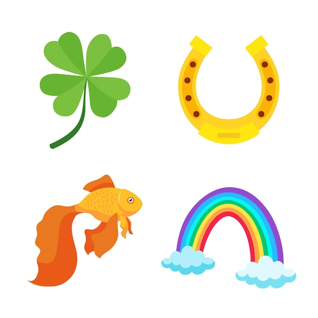 Set of lucky icons Horseshoe goldfish fourleaf clover St Patrick's Day rainbow For holiday