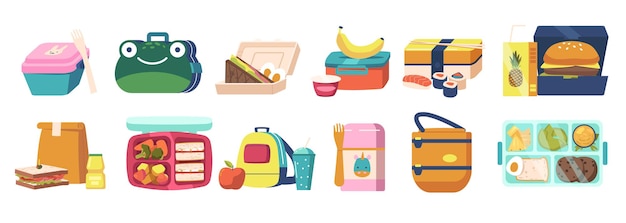 Set of Lunchboxes, Lunch and Bento Boxes Collection with Dinner, Fast Food and Healthy Vegetables Boxed in Containers and Bags. Packed Meals in Funny Childish Packing. Cartoon Vector Illustration