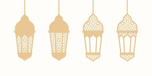 Set of luxury golden arabic lantern with islamic pattern Golden lantern lamp line icons Arabian