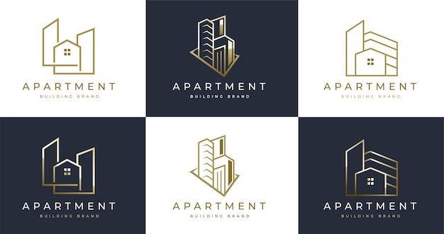 Set of luxury real estate architecture building logo design bundle in line art style