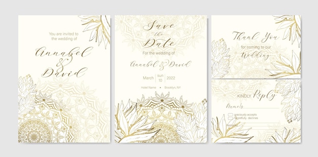 Set of luxury wedding invitation templates with beautiful tropical flowers and mandala