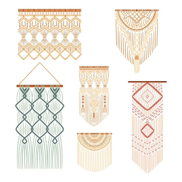 Vector set of macrame decorative knotting technique intricate textured patterns in rope or twine made of natural fibers