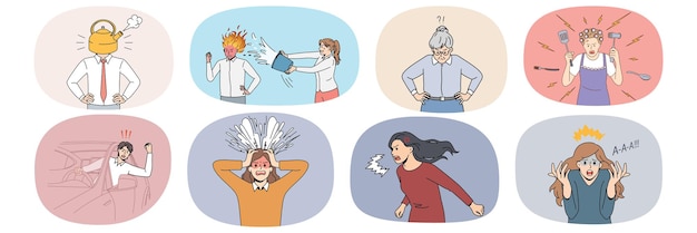 Set of mad diverse people scream and shout feel distressed and angry Collection of furious humans yell annoyed by life situation unable to control emotions Vector illustration