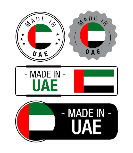 Set of Made in United Arab Emirates labels, logo, United Arab Emirates Flag