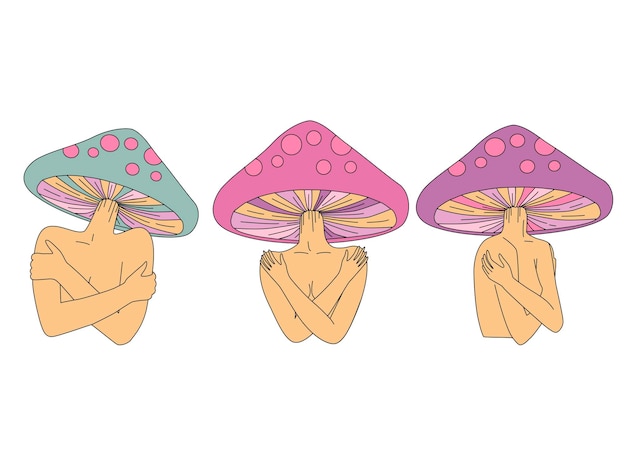 Set of magic girl with mushroom head. Psychedelic 70s hippie colorful art for t-shirt or sticker.