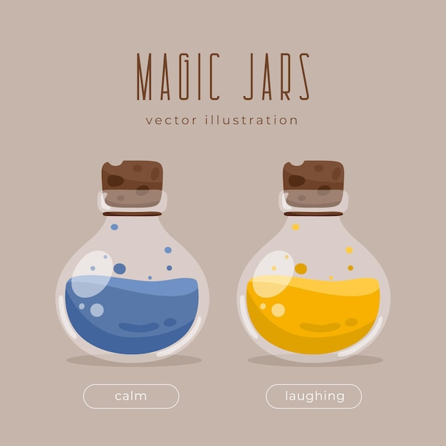 Set of the magic glass jar, alchemist bottles with blue and yellow elixir