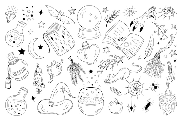 Vector set magic items doodle objects theme witches halloween esoteric vector illustration black on white