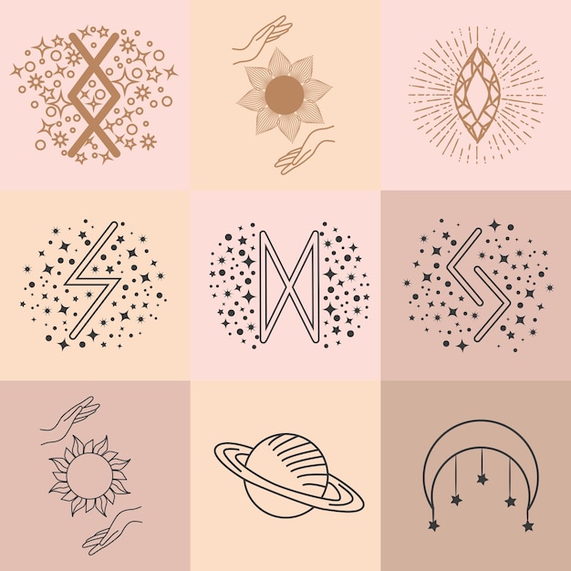 Vector set of magic symbols celestial seamless pattern astrological magical and esoteric symbols