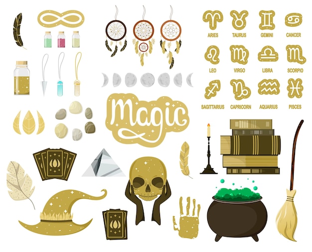 A set of magical attributes and symbols. Zodiac signs. Dream catchers, potions, cauldron, broom, hat