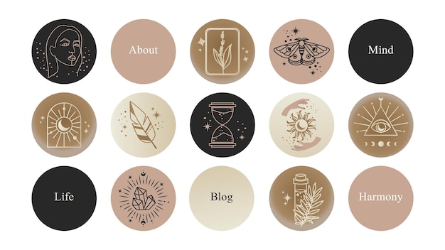 A set of magical icons for highlights blog about mental health esotericism and magic numerology and astrology and personality decoding