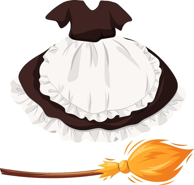 Set of maid's dress and broom in cartoon style