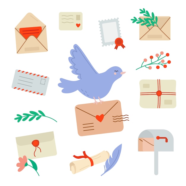 Set of mail letters and cards and pigeon