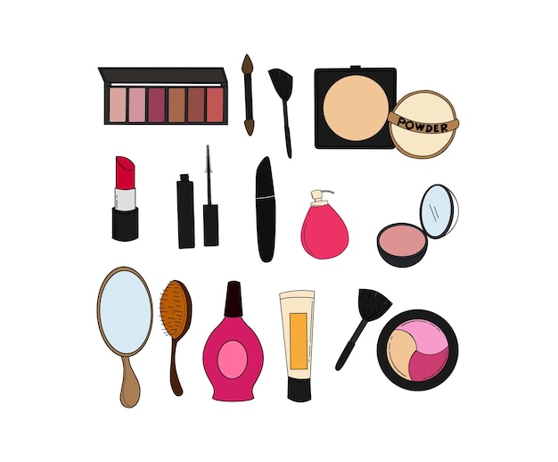 Set of make up products, brushes and tools isolated on background. Vector illustration