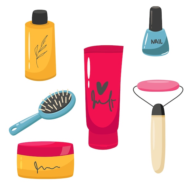 Set of make up products, brushes and tools isolated on background.