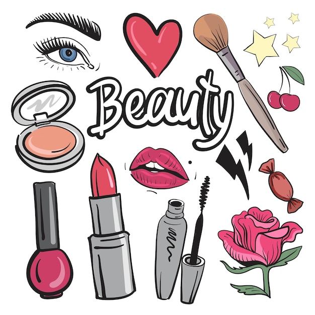 Set of makeup cosmetics handwritten stickers. Vector illustration.