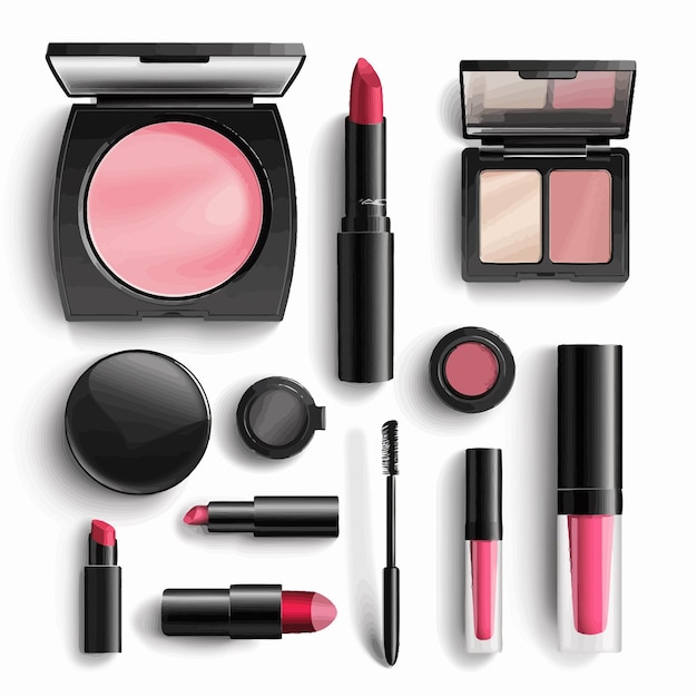 a set of makeup products including pink lipstick