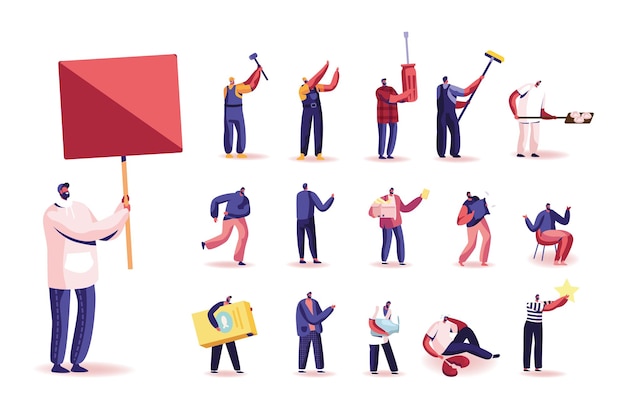 Set of Male Characters Holding Banner, Builder or Handyman with Instrument and Tools, Man with Broken Heart, Cheese