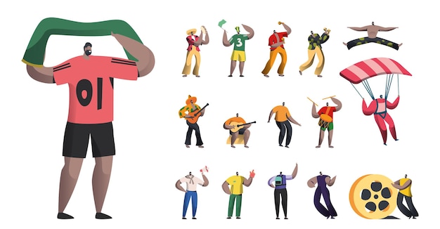 Vector set of male characters, sports fan with flag, brazil carnival musicians with maracas, men dancers and mariachi players