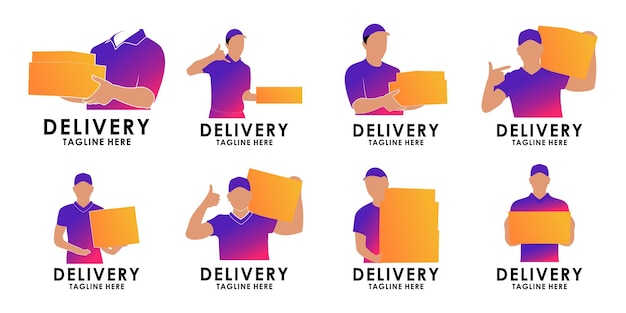 Set of male courier delivery packages with simple concept Premium Vector