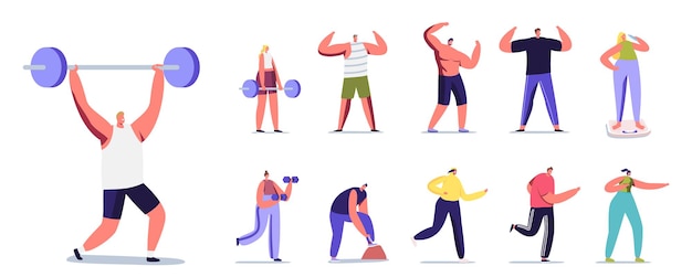 Set of Male and Female Characters Doing Sport. Men or Women Exercising with Barbell, Run, Posing, Show Perfect Body and Weigh on Scales Isolated on White Background. Cartoon People Vector Illustration