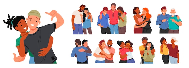 Set of Male and Female Characters Embrace A Friendly Hug Communicates Affection Support And Connection Fostering Positive Relationships And A Sense Of Belonging Cartoon People Vector Illustration