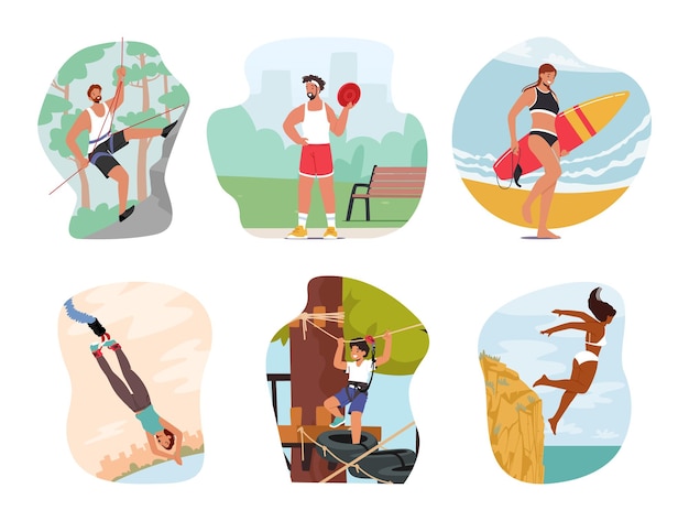 Set Of Male And Female Characters Engage In Extreme Vacation Men And Women Climbing on Rock Jump from the Mountain into the Sea Surfing Relax in Rope Park Cartoon People Vector Illustration