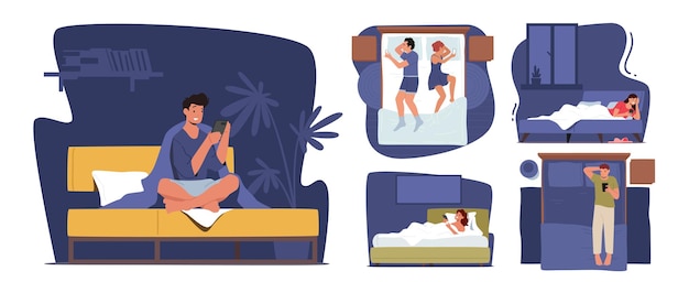 Set of Male or Female Characters Lying with Smartphones in Bed at Night Mobile Phone and Gadget Addiction